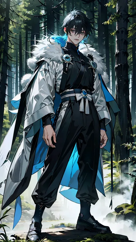 Masterpiece, 最 High Quality ,  High Quality ,((Full body))  ultra detail,  1 boy at night, two-tone hair, skyblue hair, black hair,  gray eyes, forest, warrior, Clothes with Fluffy Elements , reference, Anime boy, Digital Sketch, The highest quality digita...