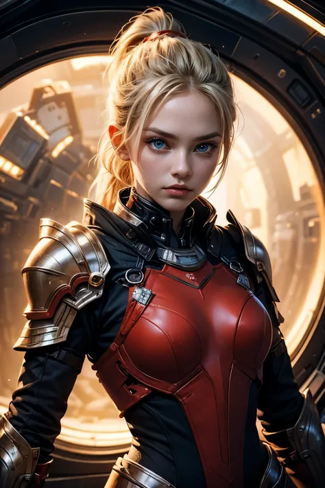 A beautiful woman. Blonde hair and blue eyes. She has her hair tied in a ponytail.Twenty years old. facial details. She is looking at the camera with a defiant expression. She wears tight red armor. She's in a spaceship.