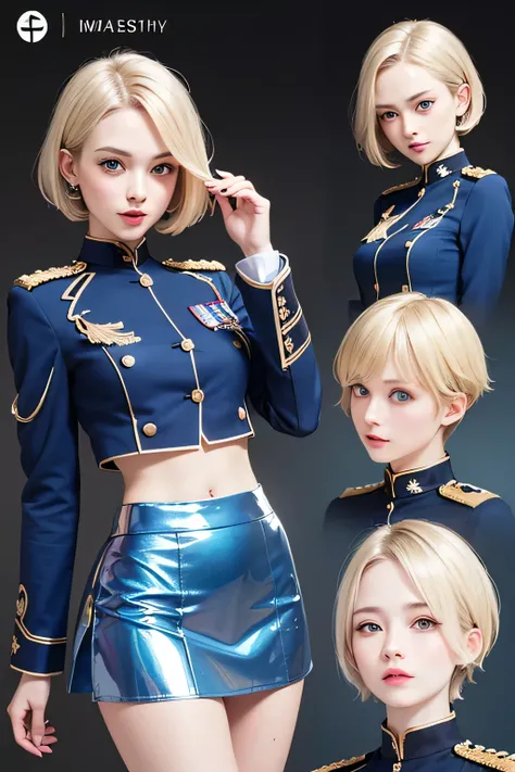  perfect anatomy　 top quality, highest resolution,(((blue military uniform with metallic luster　Shiny Blonde　 skirt　short hair　 straight　 dark blue eyes )))　 girl　flat chest