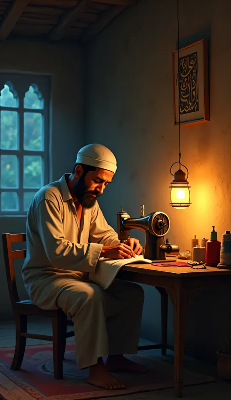 create a 2D animated image of "A poor Muslim tailor sits hunched over his old sewing machine in a dimly lit, humble workshop. He wears a simple white kufi cap and a faded but clean traditional outfit, his hands skillfully guiding the fabric under the needl...