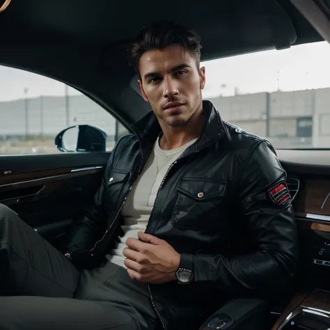 A cool handsome man in a luxury car,great muscle,short jacket, military pants, fashion mood, photography 