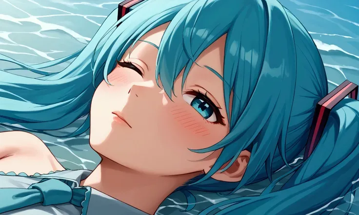 ((( Hatsune Miku)))、a girl falling into the depths of the sea, on her back and asleep 、 close-up、