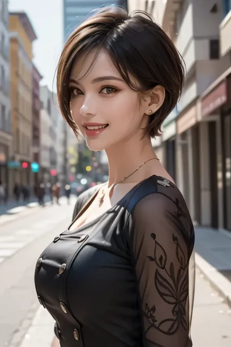 (1. beauty), (Complete anatomy ), (grin), ( top quality:1.4), 32k resolution, (    realistic     :1.5), High resolution UHD, (Masterpiece :1.2)), (Improved quality:1.4), (  Very beautiful face details  ), ( top quality), ((black body dress decorated with d...