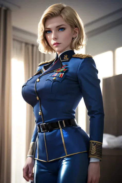  perfect anatomy　 top quality, highest resolution,(((shiny blue military uniform　Shiny Blonde　short hair　 straight　 dark blue eyes )))　 girl　tank