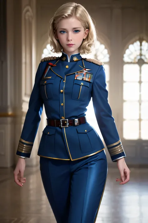  perfect anatomy　 top quality, highest resolution,(((shiny blue military uniform　Shiny Blonde　short hair　 straight　 dark blue eyes )))　 girl　flat chest