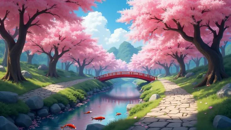  A rocky path across a park filled with blossoming cherry trees.  Pink petals fall like a rain of flowers , cover the ground with a natural carpet .  A red wooden bridge crosses a clear river , where koi fish swim gracefully beneath its surface . RAW,  rea...