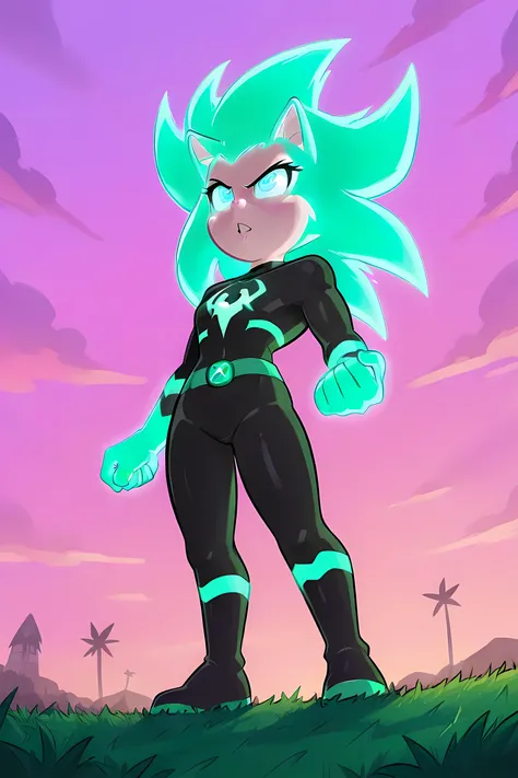 anime male wolf with pale pink glowing fur in a superhero outfit, in a grasslands, pink sky, pink glowing neon energy powers, professionally drawn, danny phantom cartoon/ super sonic style