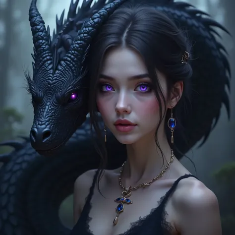 Cute woman with purple eyes with black dragon