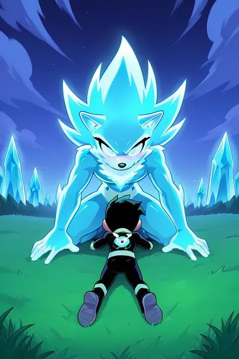 anime male wolf with pale blue glowing fur in a superhero outfit, in a grasslands, glowing neon blue ice powers, professionally drawn, danny phantom cartoon/ super sonic style