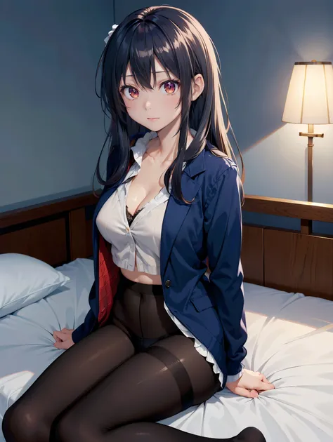  one woman、(( top quality)), ( high resolution), (( very detailed))、( Masterpiece)、An adult-like high school girl、 I'm wearing a bra and panties in a loose blazer、(I'm wearing pantyhose)、(I'm lying on my bedroom bed and spreading my legs )、Cute nipple shap...