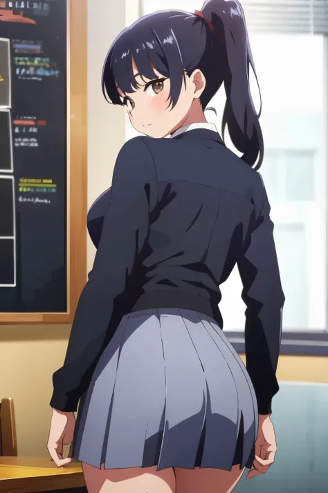 Anna yamada, school uniform, THICC ASS, 1girl, ponytail, black hair, long hair, solo, brown eyes, blush, PERFECT FIGURE, bangs, closed mouth, bare shoulders, highest quality, high resolution, IMAGE FROM BEHIND, FOCUS ON ASS