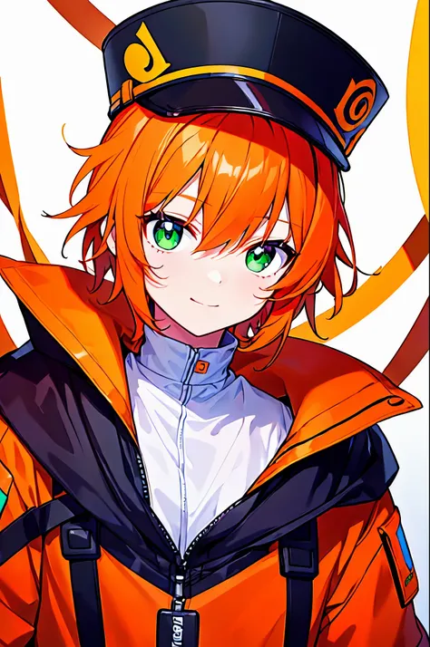 [(WHITE BACKGROUND:1.5),::5], ((((masterpiece)))), high quality, ultra_very_high_resolution, large_filesize, full color, (((solo))), ((little younger boy)), ((orange color short hair)), green eyes, anime, light smile, upper body, neon light, black parka, u...