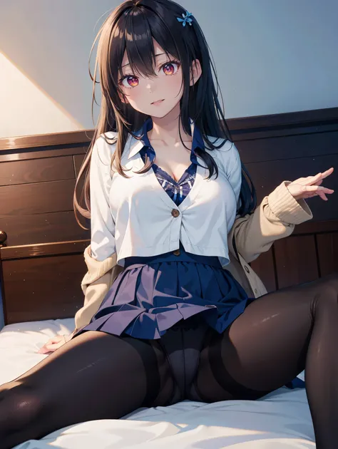  one woman、(( top quality)), ( high resolution), (( very detailed))、( Masterpiece)、An adult-like high school girl、 I'm wearing a bra and panties in a loose blazer、(I'm wearing pantyhose)、(I'm lying on my bedroom bed and spreading my legs )、Cute nipple shap...