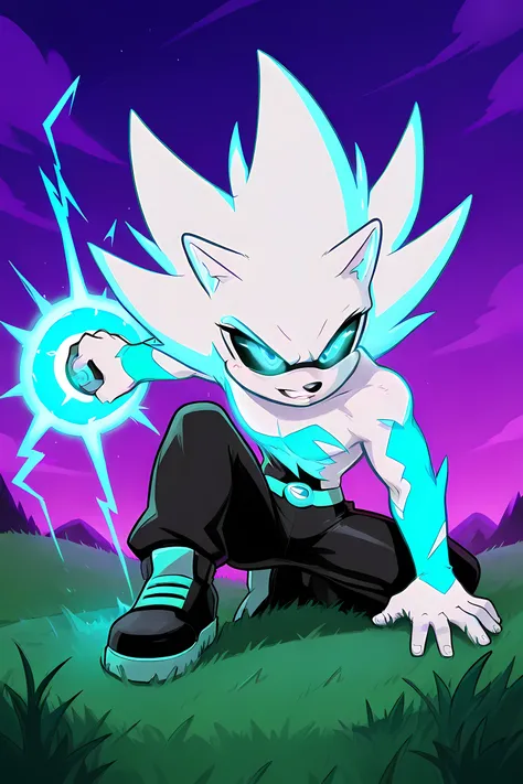 anime male wolf with pale blue glowing fur in a superhero outfit, in a grasslands, glowing neon blue energy blast powers, professionally drawn, danny phantom cartoon/ super sonic style