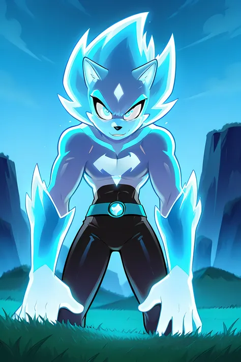 anime male wolf with pale blue glowing fur in a superhero outfit, in a grasslands, glowing neon blue ice powers, professionally drawn, danny phantom cartoon/ super sonic style