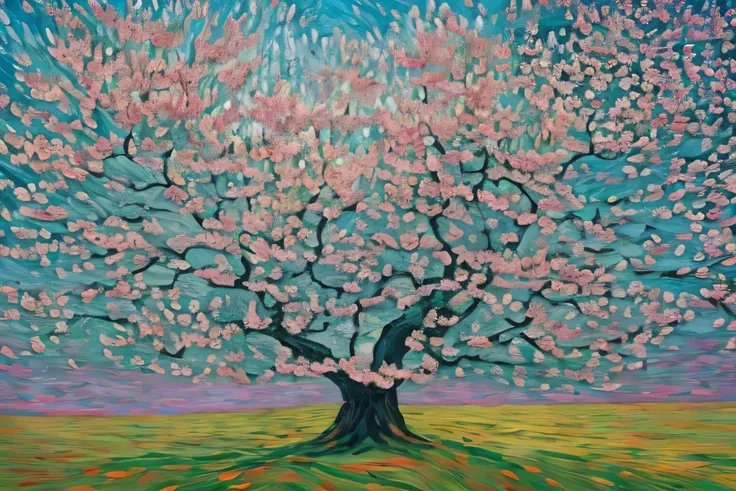 "A majestic oil painting of a lone, ancient cherry blossom tree standing proudly in the middle of a vast, open meadow. Its massive, twisting branches spread wide, covered in delicate pink petals that shimmer under the golden sunlight of a serene spring aft...