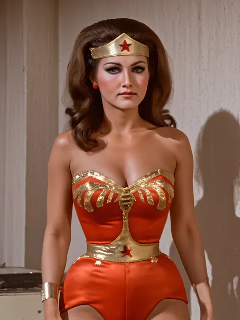 Real light ,  beautiful details shine , ((25 years old)), tall girl , Wavy long hair shape , wearing Wonder Woman's golden balance, ((( she ))),  very young Linda Carter ,  very big boobs ,  brown hair , Skinny boobs , Photographic view of bright red sanpa...