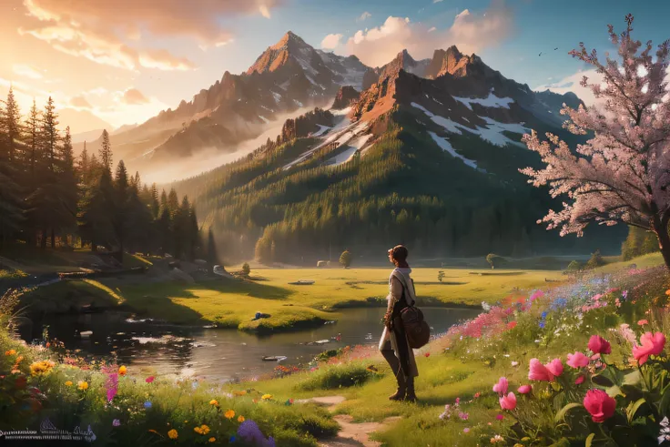  A peacock is standing on a rock in a field of flowers, クリスチャン・Lassenによるデジタルアート,  CG Society Contest Winner, Lassenのような, Lassen,  fantasy art, 4k  Highly Detailed Digital Art  ,  beautiful digital art  work,  8K high quality detailed art,  beautiful 4K art...