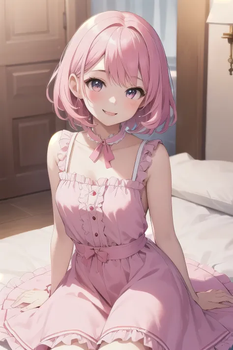 Top quality, high resolution, detailed, beautiful image quality, 1 girl, cute pale pink dress with frills, short hair, smiling face, lolicon, younger sister, cute design with pink as the main color, overall sweet and dreamy atmosphere, white and pink room,