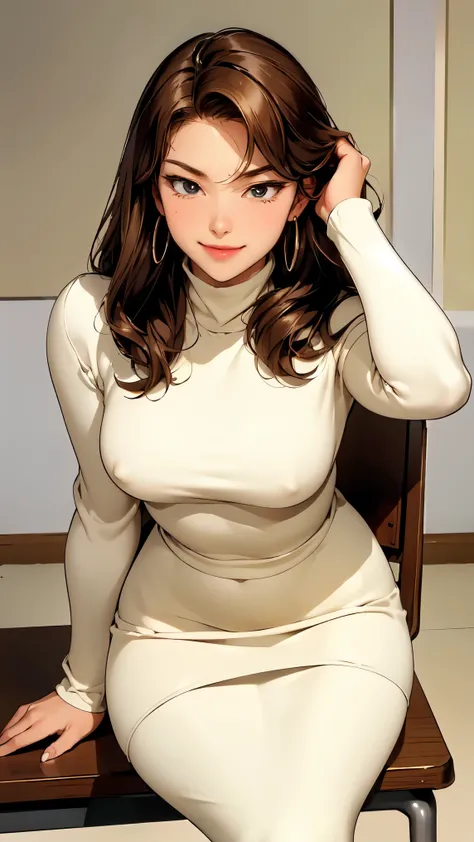 ( high quality,  high resolution, Fine details,  is present)、light beige turtleneck knit、  Mini Pencil Skirt 、  20 years old, governess、 lick‎Classroom 、 sit on a chair、 Put your elbow on the desk .、smile、  stretch your hands above your head  、small breast...