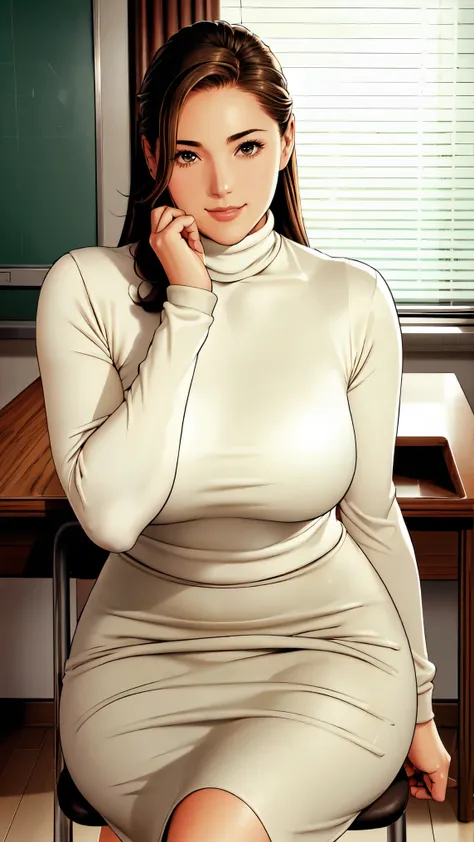 ( high quality,  high resolution, Fine details,  is present)、light beige turtleneck knit、  Mini Pencil Skirt 、  20 years old, governess、 lick‎Classroom 、 sit on a chair、 Put your elbow on the desk .、smile、  stretch your hands above your head  、small breast...