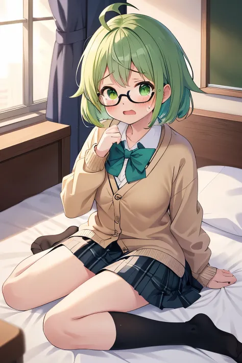 (master piece:1.3),best quality,ultra detailed, highres,	8k,
extremely detailed CG,

anime art,

( cute elementary school student :1.2),Alone,
Green Hair, natural cut ,medium hair,ahoge,
school  uniform, Cardigan,skirt in plaid skirt, 
black socks below th...