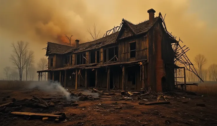 In the aftermath of a raging inferno, the charred remains of a once-stately mansion stand as a haunting reminder of devastation. The blackened walls and twisted metal beams tell a tale of tragedy and loss, while the smoky air still lingers with the acrid s...