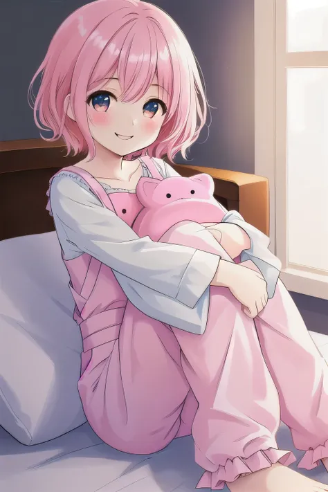 Top quality, high resolution, detailed, beautiful image quality, one girl, cute pale pink pyjamas with frills, pink hair, short hair, lolicon feel, smiling, hugging a white pillow, sitting flat on the bed, looking at the camera, pink make-up color, cute, o...