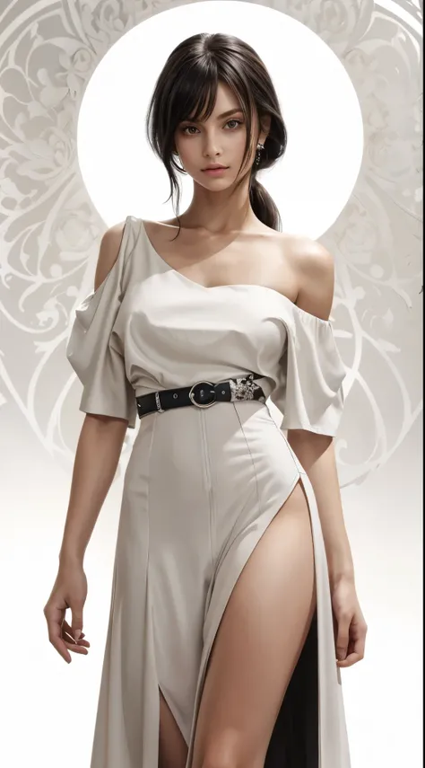 (best_quality, masterpiece:1.2), (highly detailed), (uhd, high_resolution, highres), girl, (asymmetrical-off-shoulder top:1.2) long dress, high-slit dress, gigantic breasts, low ponytail, bangs, dark hair, looking at viewer, shoulder, clavicle, thigh, whit...