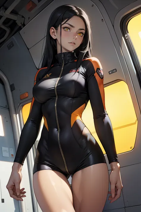 1 girl, black hair, yellow eyes, very long hair, pale skin, fit body, slender body, slim waist, large breasts, (confident expression), pilot suit, thigh gap, bare thighs, show bare legs