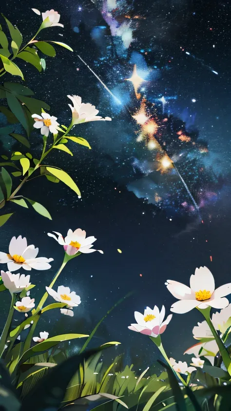 close up, An anime wearing white glasses , Standing on the land,Night view ,There are many stars in the night sky,galaxy ,Colorful flowers,head shot, Oil painting style, Very obvious oil painting brushstrokes, Impressionist color palette style, 32k Ultra H...