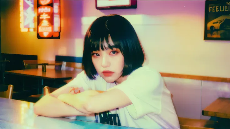 (Long shot photo) (( top quality)), ((masterpiece)), ( Detailed ), perfect beautiful face , cute 25-year-old Korean , ( blackpink like Jenny ) perfect face, black bob hairstyle ,Discovered video , Retro, 90s , venerable photo, photo noise , venerable...