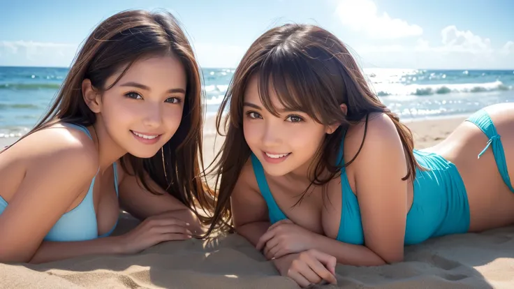   top quality , mastepice   , (reality: 1.2),  brown hair,  brown eyes, Front ,  detailed face,  beautiful eyes,  They have fun on the beach  .  They seem so happy playing on the beach . While playing, The girls、I was drawn to the bright, sparkling ocean v...