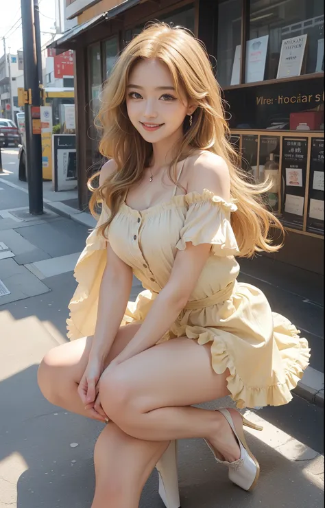 highest quality、masterpiece、Ultra-high resolution、Photorealistic、RAW Photos、1 girl、Sexy Looks、Shoulder hair、The lower half is curled and wild.、Cute Smile like a model、frontage、hair color is blonde、Yellow tight mini skirt、Regular high heels、Double Eyes、Appl...