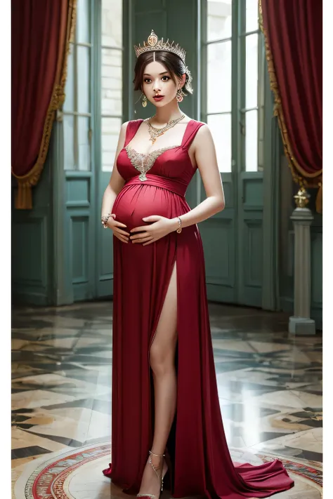  girl、Princess、Pregnant women、Realistic gothic digital art portrait of a super gorgeous dress 、crown、 luxury necklace, Luxurious Earrings 、Full body、Castle、
