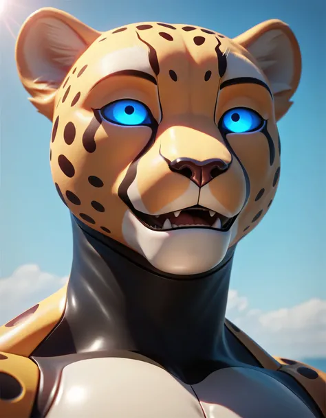 (anthropomorphic male cheetah:1.6),(seductive:1.3),glowing blue eyes, black skin,robot body,,muscular build,8k highly detailed face, ultra detailed face, high quality photorealism, close detailed face, detailed unblurred face, closeup face, ultra realistic...