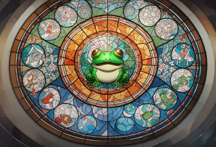 a close up of a stained glass window with a frog on it, stained glass art, stained glass style, stained glass, maxim verehin stained glass, stained glass, frog, stained glass! , psychedelic frog, frog themed, stained glass window, green stained glass, high...