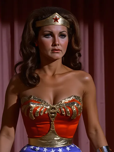 Wonder Woman, Linda Carter , standing, she's been kicked in the vagina so she's clutching her pussy in pain, crying, eyes open looking up, in dark sexy bedroom , ((( with eyes opened, mouth open, glossy lips )))，ravished legs spread, boots slipping down of...