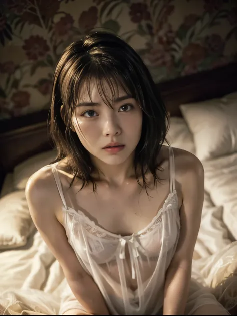 raw photo, 8k, (top-quality), Realistic, (real picture, Intricate details), (natural skin texture, detailed skin, hyper realism, sharpness), (Japanese woman, in a old hotel at night, narrow room), ((negligee, no panties, see-through:1.3)), crying face, cle...