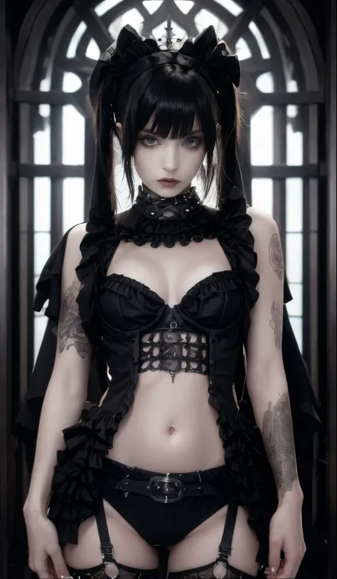 (( top quality、8k、 Masterpiece:1.3))，( thigh up:1.27)、(Gothic punk revealing clothing :1.5)、 girl with a beautiful face ，belly button， Max Image Quality， ultra clear， facial features are delicate and clearly defined，drink， delicate details without lighting...