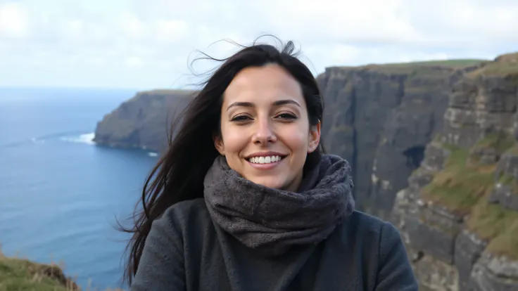 A serene scene of a woman standing near a dramatic coastline, with rugged cliffs and a vast ocean stretching into the horizon. The woman, with black hair flowing in the wind, wears a thick scarf and a coat, smiling peacefully as she enjoys the natural beau...