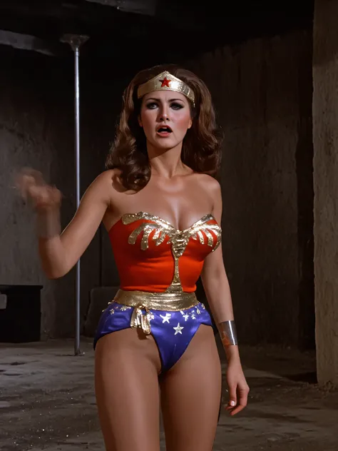 Lynda Carter as Wonder Woman, standing sexy, screaming in agony as her costumes destroyed and torn off her top total humiliation, wearing only satin bottoms, full bruised and beaten injured body photo, she surrenders in sexual defeat, having a complete bod...