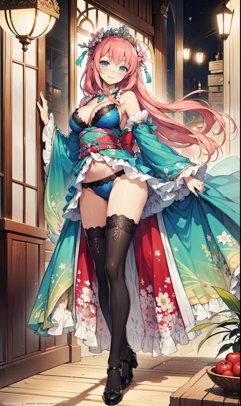 ( Quality Best,   high resolution ,  textured skin,  high quality, high detail, extremely detailed CG unity), shakes ，obsessed，Divine happiness，in love，(Swimwear and Kimono:1.2)， pink hair ， blue eyes，(Fabric headdress minimalism，Multi-layer fine pleats，Lo...