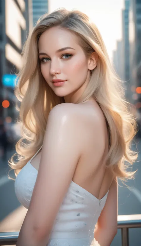 beautiful woman with large breasts, long blonde hair, looking at viewer, seductive expression, half body portrait, photorealistic, wearing white dress, city background