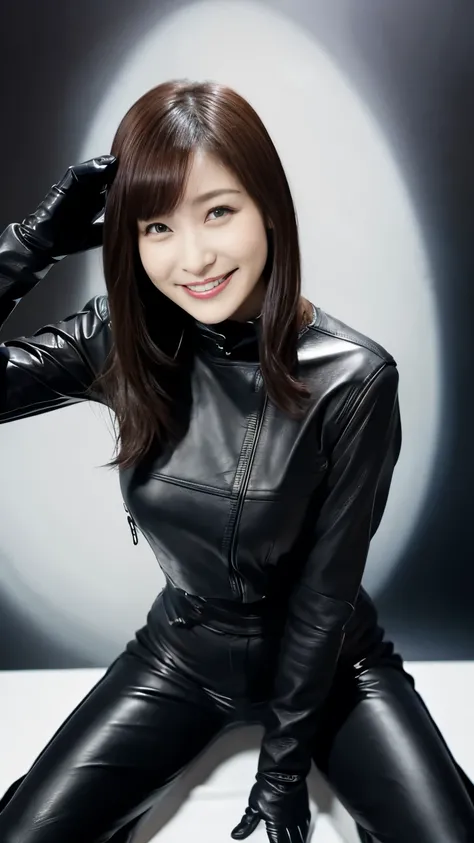 glossy black leather biker jacket, Black leather gloved fingertips on both hands,Wearing black leather gloves,Sitting in a black leather chair、 Japanese female new recruits (Black leather gloves cover both hands) (The angle is horizontal)、Black Leather Pan...