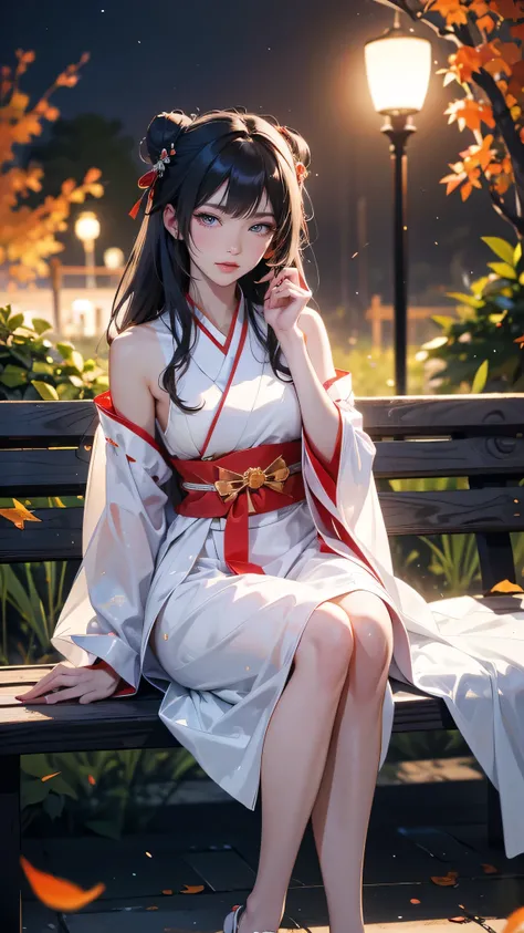 masterpiece, high resolution, beautiful woman, Korean Beauty, 30 years old, (Japanese miko outfit), (Black hair, twin bun),  (Blue inner hair), beautiful woman, smile face,  looking at me (high resolution face), (high resolution eyes), (The background is i...