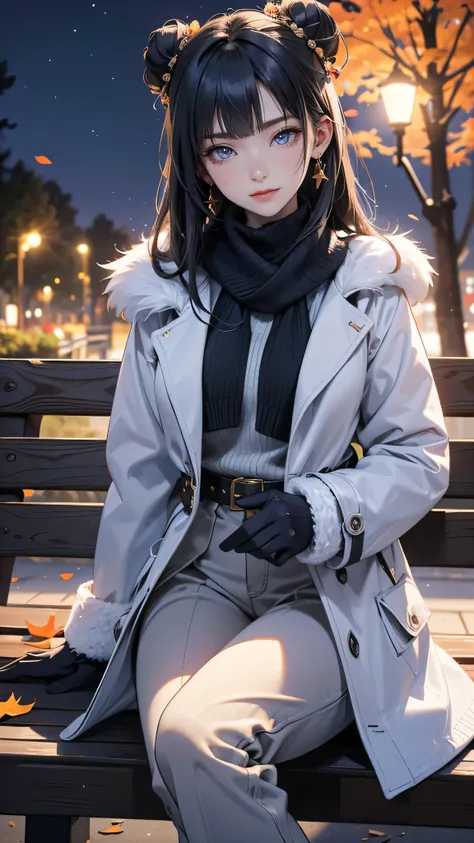 masterpiece, high resolution, beautiful woman, Korean Beauty, 30 years old, (Long coat, Sweater, scarf, pants, women belt, beanie, winter gloves ), (Black hair, twin bun),  (Blue inner hair), beautiful woman, smile face,  looking at me (high resolution fac...