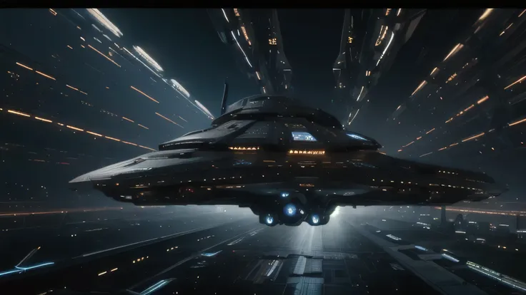 a large spaceship flying through a city at night, wide shot of a spaceship battle, in a scifi movie, an epic space ship scene, an epic scifi movie still, depicted as a scifi scene, epic scifi movie still, spaceship flies in the distance, cinematic scifi sh...