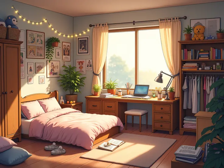 A cozy anime-style bedroom filled with many objects, creating a lively and detailed atmosphere. The room has warm lighting, soft pastel colors, and a neatly made bed with fluffy pillows and a cute blanket. A wooden desk is cluttered with an open book, a la...