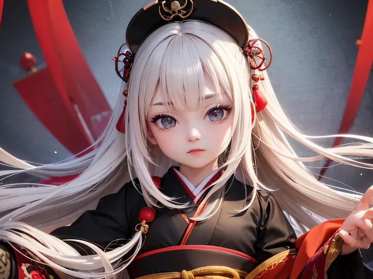   Cute Japanese doll close-up  ,  Bright red and black robes ,   shows details of her portrait as Master Yin Yang  .   Carefully Designed  ,   Anime-style 3D design shows every line of her red kimono ,   Even in 8K HD  ，  Its texture and weave  .   This Ja...